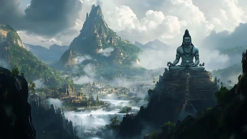 Mist-draped valley kneels before colossal meditating deity