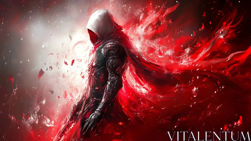 Hooded cyber warrior dissolves into swirling crimson storm.