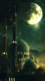 Moonlit mosque skyline under glowing emerald night.