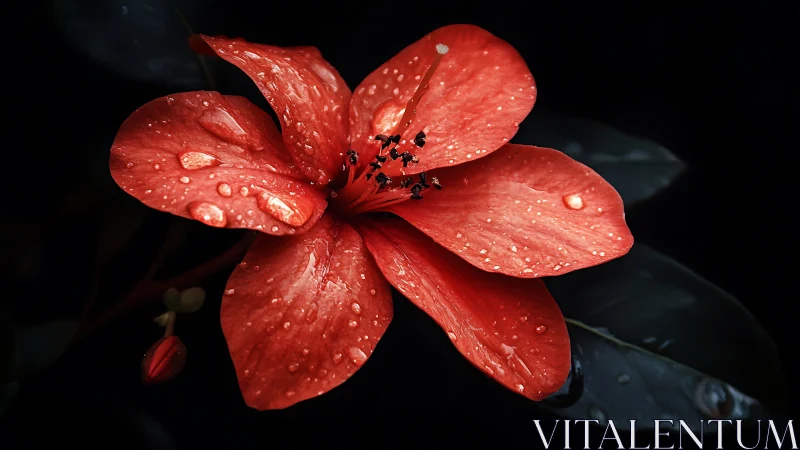 Red Flower with Dew Drops on Dark Background.
