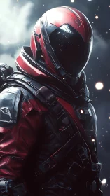 Red armored space operative in reflective helmet portrait.