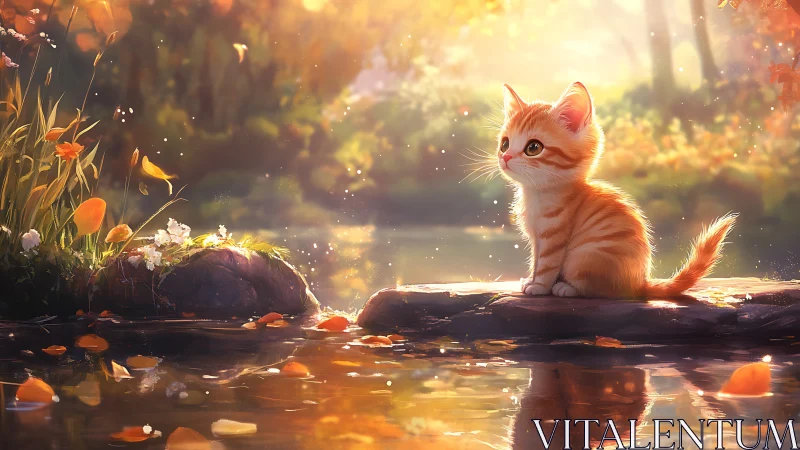 Orange Kitten in Golden Sunlit Forest Stream