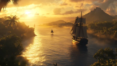 Tall ship under golden sunset on calm tropical inlet.