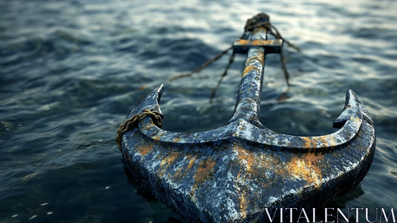 Corroded maritime anchor with surface rust in dynamic seawater.
