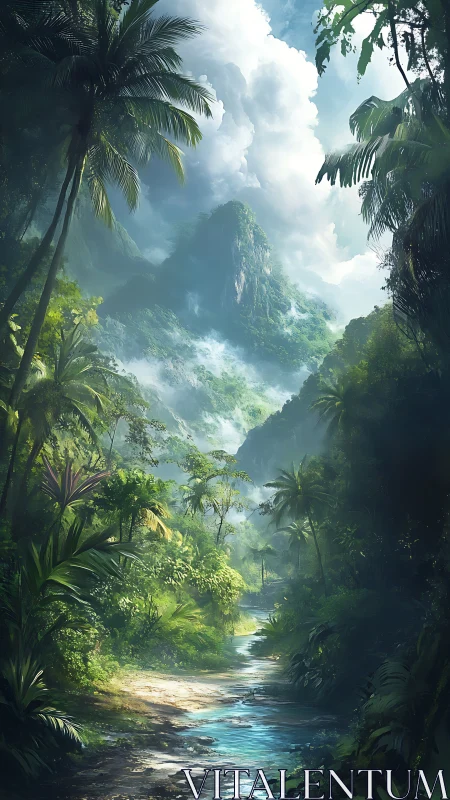 Sunlit tropical ravine guides the eye toward misted peaks