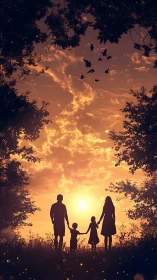 Golden evening walk with family beneath glowing sky.