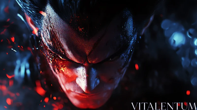 Cinematic close-up renders a battle-scarred, glowing warrior face