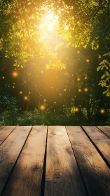 Wooden Deck Overlooking Forest Canopy with Golden Sunlight