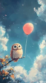 Small owl clutching a red balloon against a painterly sky
