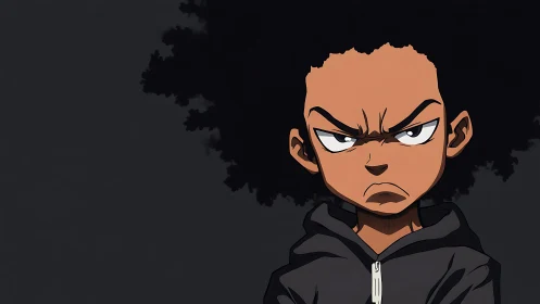 Serious cartoon boy with hoodie against dark backdrop.