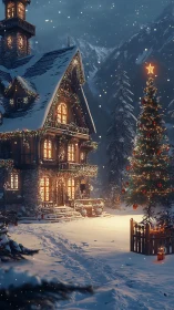 Snow-laden alpine cottage with illuminated Christmas tree at dusk