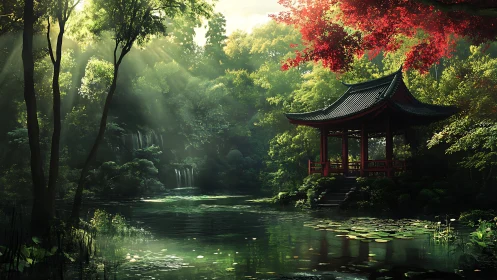 Red lakeside pavilion stands beside forest pond under sunlight
