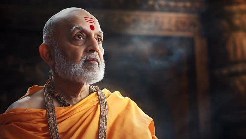 Serene monk gazes through incense light toward quiet eternity