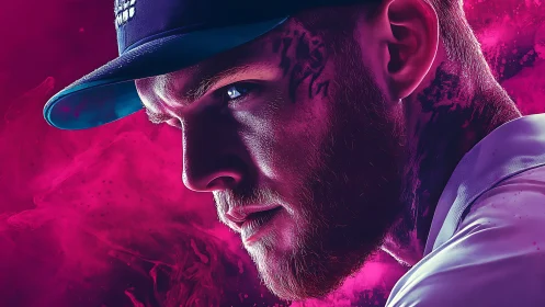 Profile portrait of tattooed man in cap with neon backdrop.