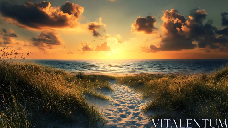 Sunlit dune path quietly ushers wanderers toward molten sea