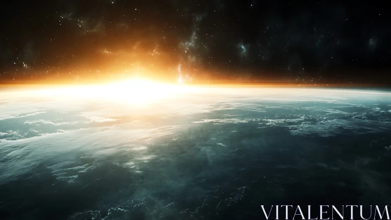 Solar illumination over planetary horizon in outer space.