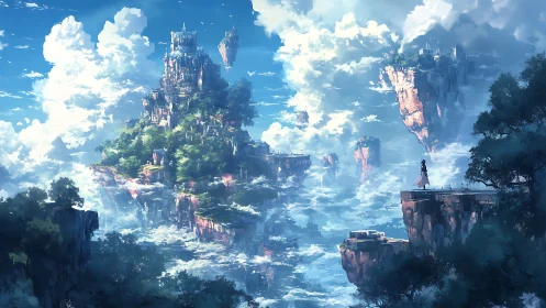 Floating Castles Rise Through Clouds. Fantasy Landscape.