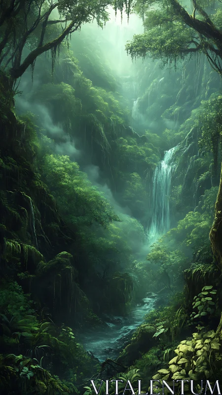 Misty Jungle Canyon with Cascading Waterfalls and Lush Greenery