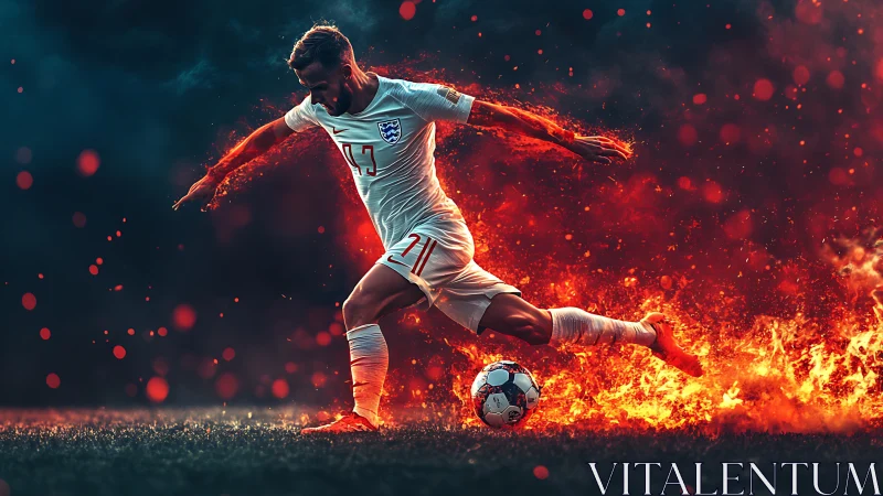 Fiery soccer player in white kit striking ball on field.