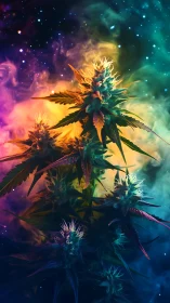 Psychedelic cannabis macro with nebula-gradient bokeh lighting.