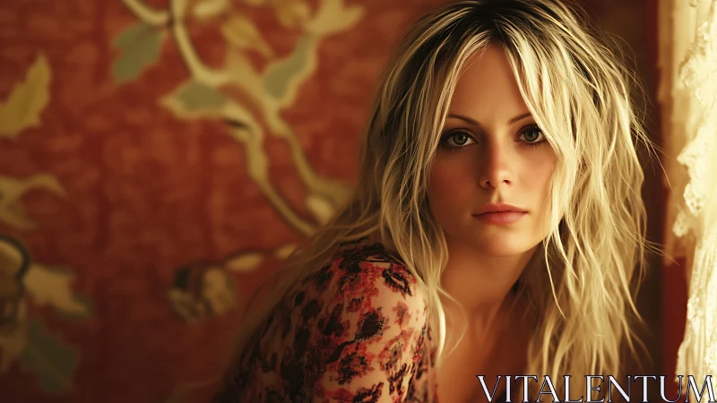 Woman with long blond hair before patterned wall background.