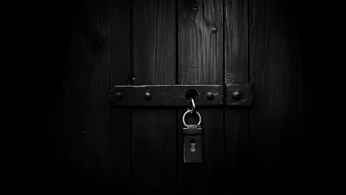 Midnight lock waits on shadowed wooden door of secrets.