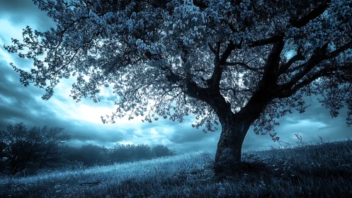 Moonlit hillside tree welcomes a quiet, dreamlike evening