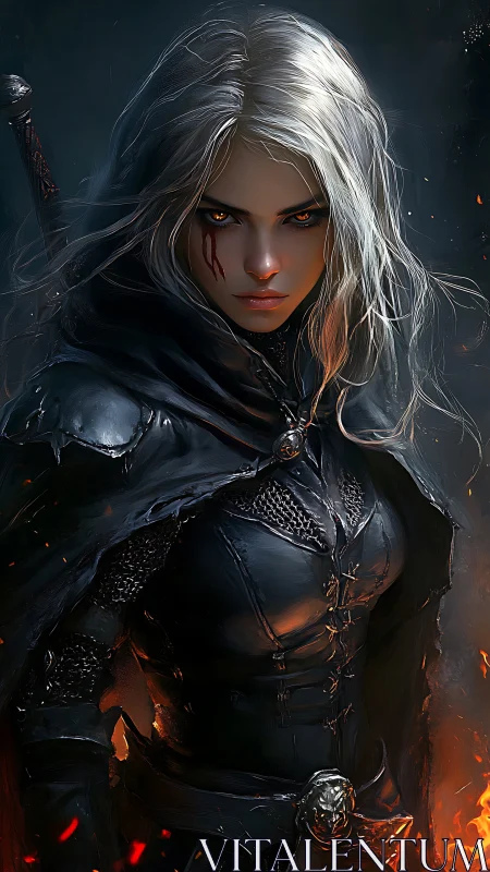 Dark rogue warrior in embers, high-contrast digital painting.