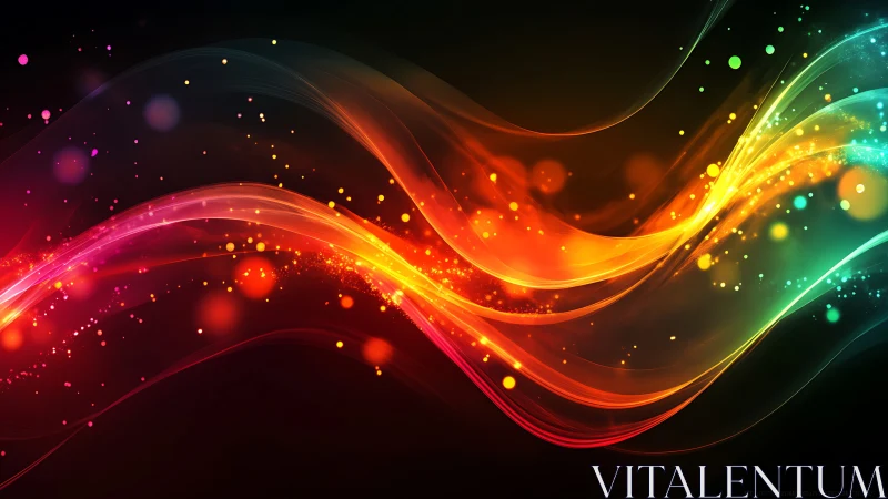 Vibrant neon light waves over dark abstract background.