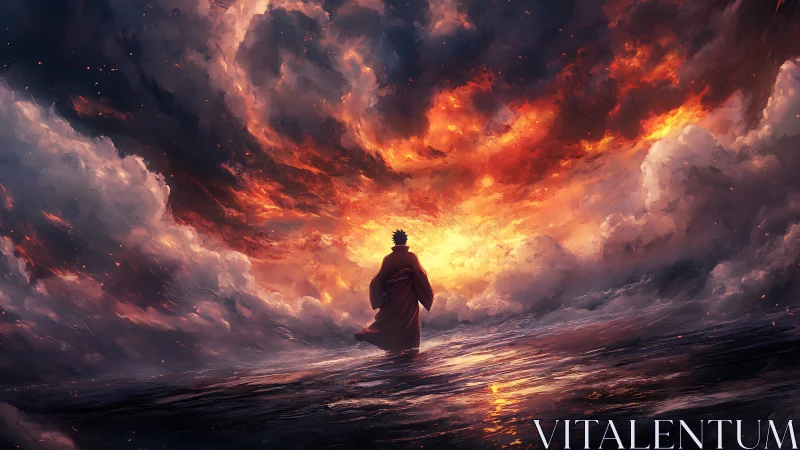 Lone robed figure confronts a blazing, storm-torn sky