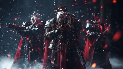 Heavily armored warriors in red capes amid drifting embers.