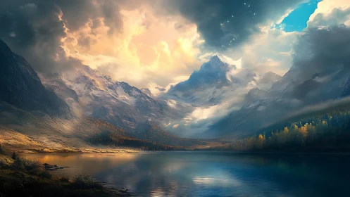 Sunlit alpine peaks rise above reflective mountain lake