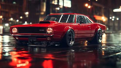 Midnight muscle car poised under neon city rainstorm.