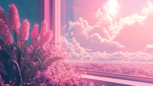 Digital painting window vista with neon pink floral atmosphere.