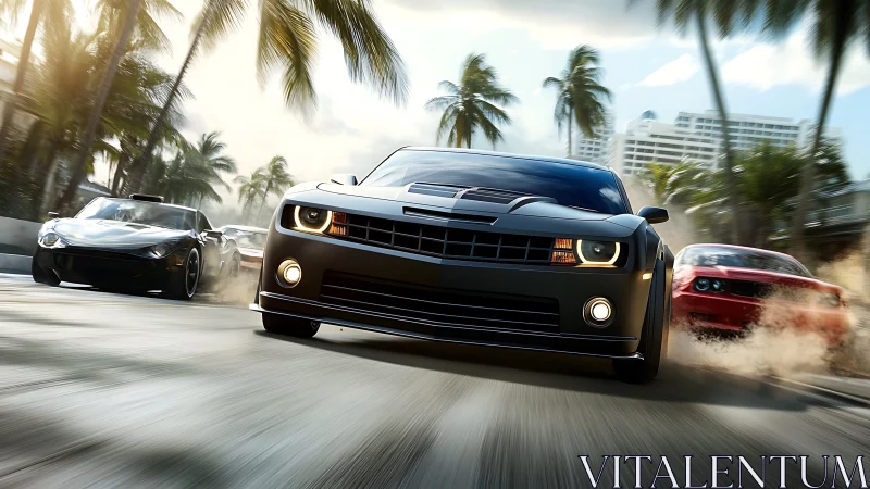 Muscle cars race hard through a sunlit palm lined city street
