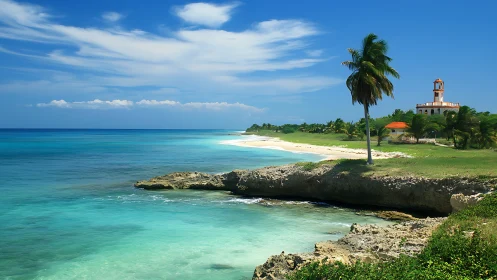 Tropical Coastal Paradise. Historic Lighthouse, Turquoise Waters.