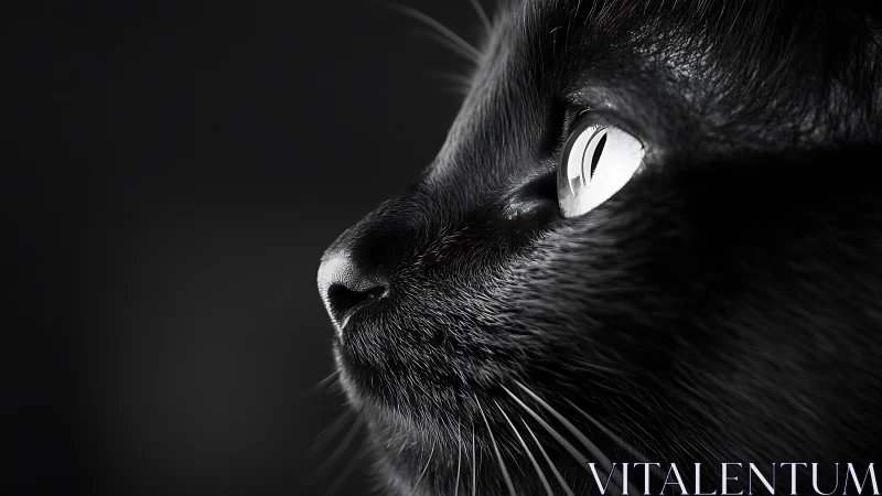 Black Cat Portrait with Bright Eyes Against Dark Background