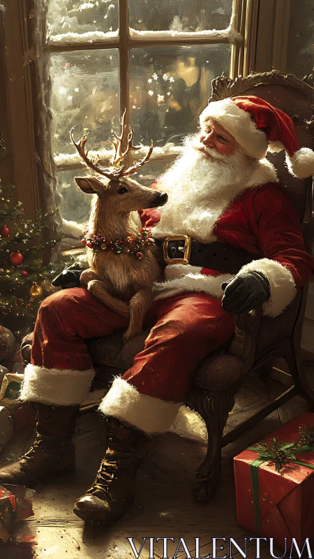 Santa shares a cozy fireside moment with a gentle reindeer.