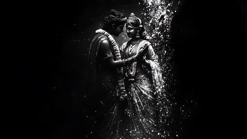 Monochromatic Embrace: Classical Figures in Luminous Dissolution.