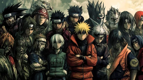 Group portrait of intense anime ninjas in battle wear.