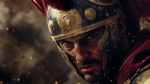 Battle-hardened Roman centurion glares through storming embers.