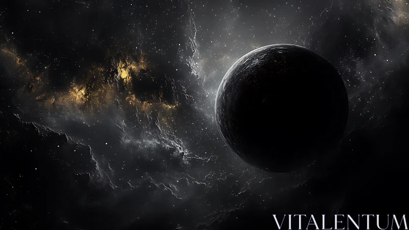 Dark exoplanet drifts before a glowing golden nebula veil