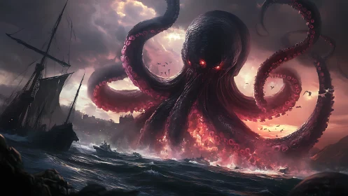 Crimson Leviathan Rises Over Stormlit Harbor of Ruin.