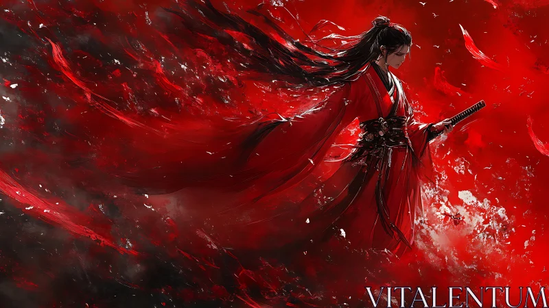Kinetic crimson swordswoman in turbulent digital vortex field.