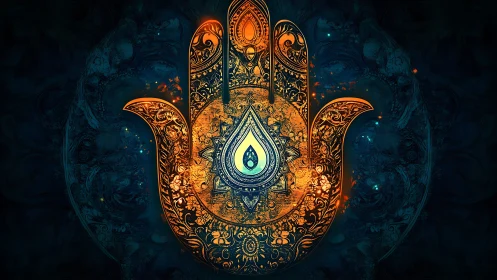 Intricate glowing hamsa hand radiates mystical warmth.