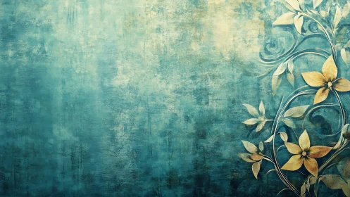 Vintage teal floral scrollwork over textured abstract ground.