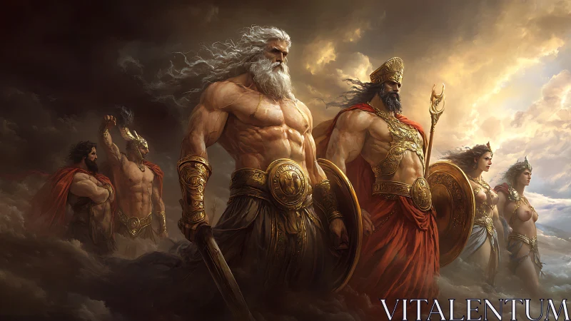 Mythic armored figures advance through clouded sky