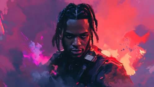 Intense portrait in glowing pink and blue neon clouds.