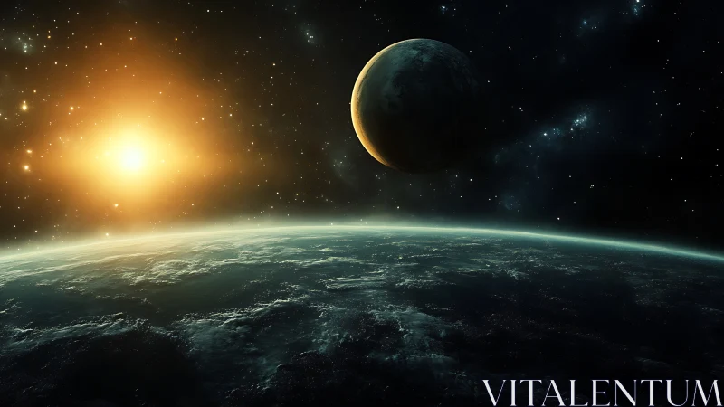 Glowing sunrise over a distant planet welcomes quiet wonder