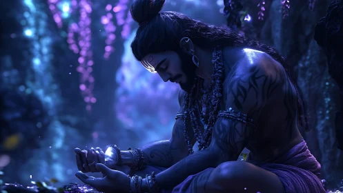 Mystic ascetic in moonlit forest with glowing sacred energy.